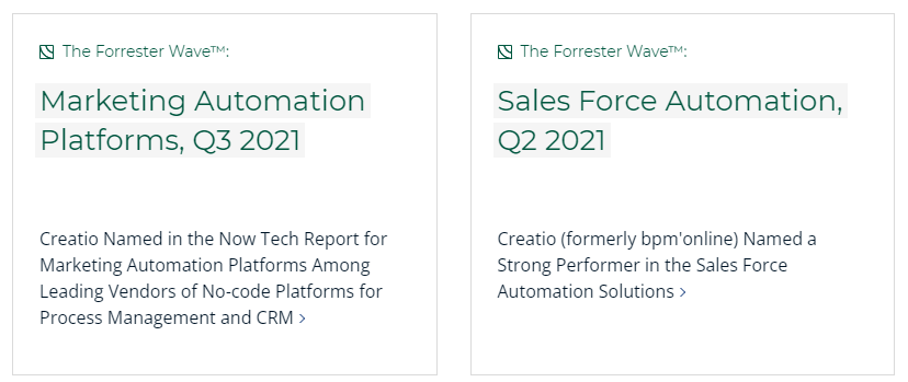 Forrester 2021 awards for Creatio